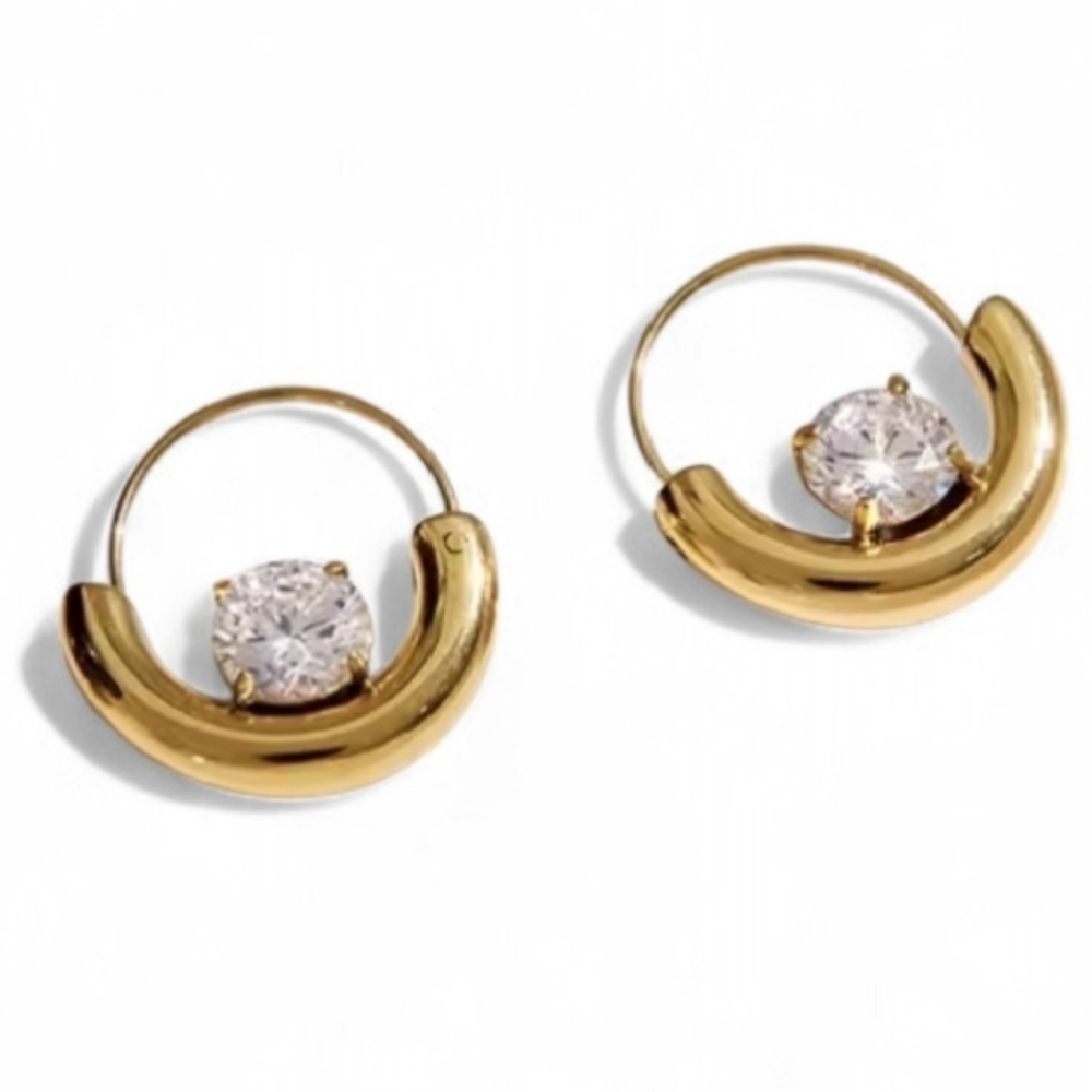 New CZ Solitaire Gold Hoop Earrings Brilliant Cut 18k Gold Plated | NWOT